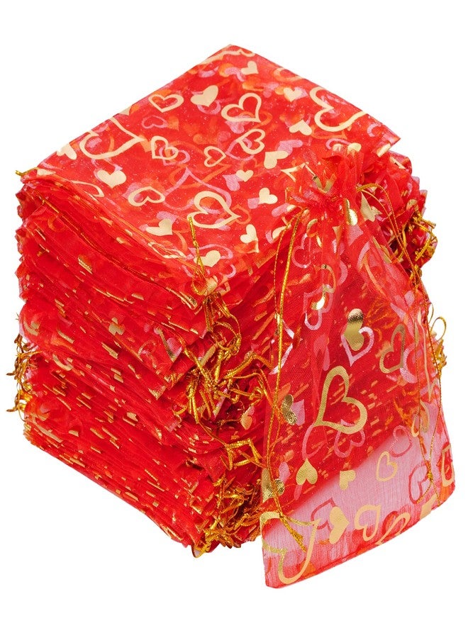 Bskifnn 100PCS Heart Printed Organza Bags Gift Jewelry Candy Bags for Wedding Valentine's Day Mother's Day Party Christmas 5x7Inch (Red) - Image 1